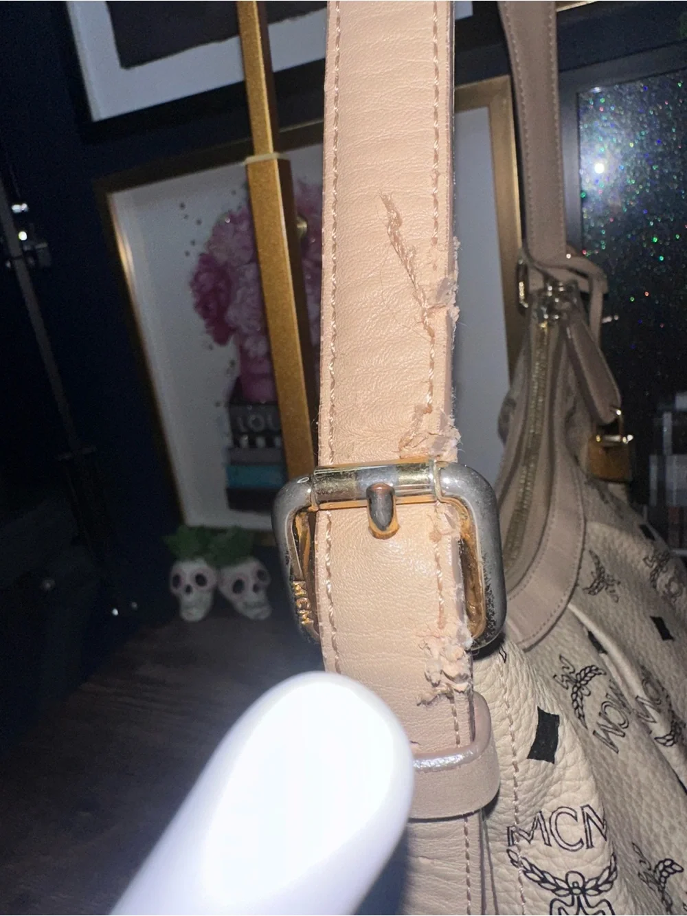 MCM Visetos Hobo Shoulder Bag Beige Cognac Leather Gold Hardware Padlock Key